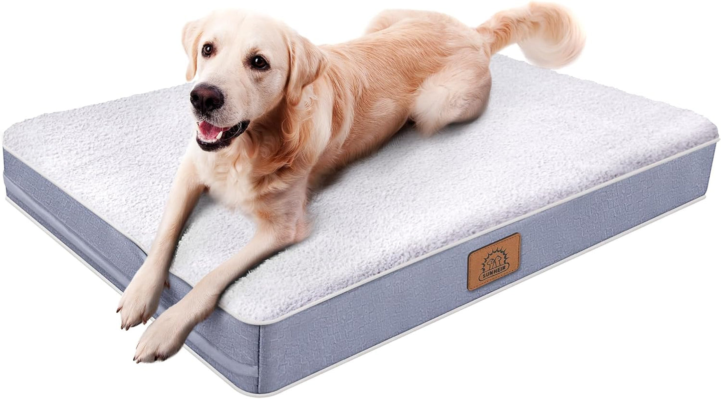 Sunheir Orthopedic Dog Bed for Large Dogs - Big Waterproof Dog Crate Bed with Removable Washable Cover, Egg Crate Foam Support, Anti-Slip Bottom, Deluxe Plush Pet Bed Mat (Grey)
