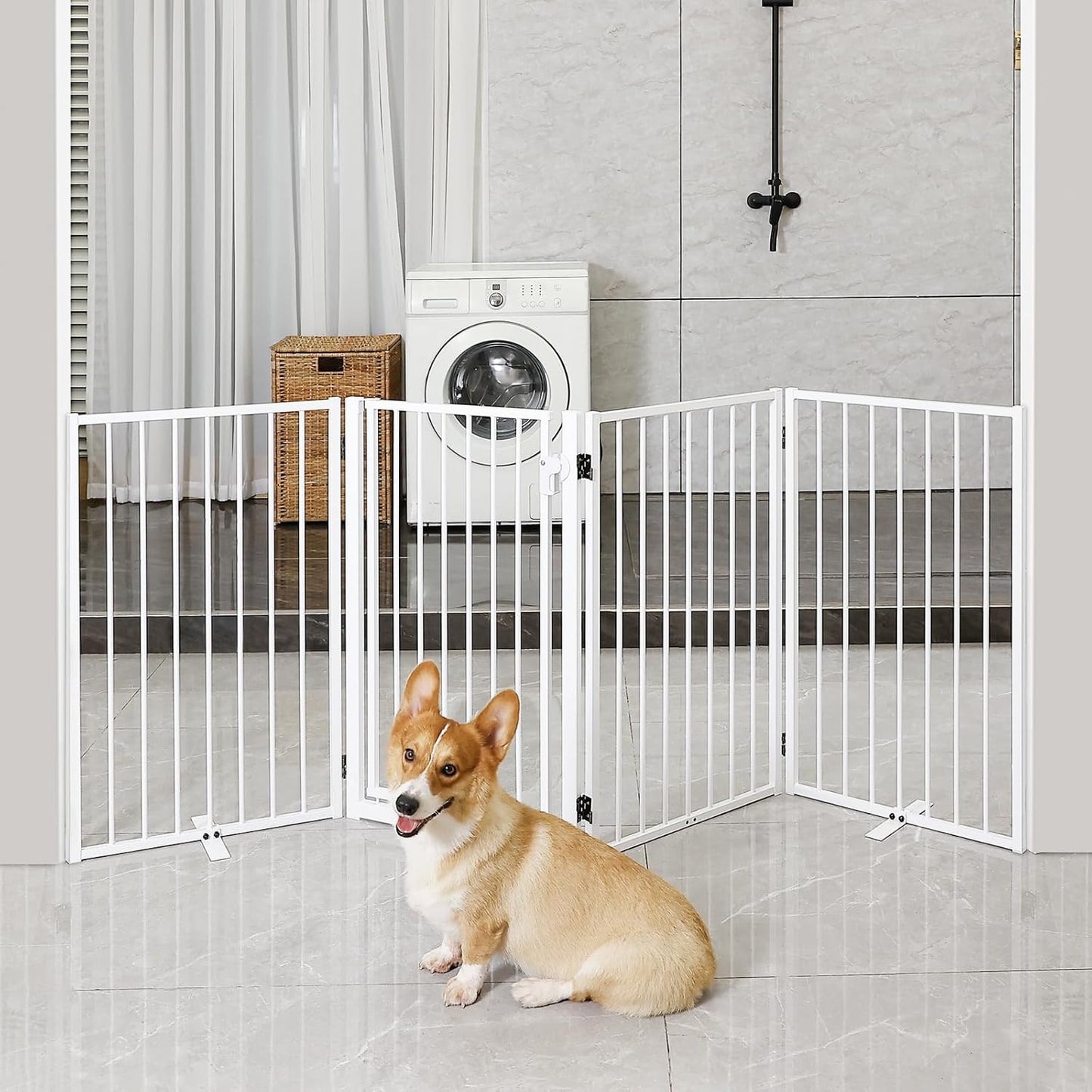 Metal Freestanding Dog Gates with Door for Outdoor Indoor,80'' Extra Wide 32'' Tall Free Standing Dog Gate for Doorways,Large Openings,Deck,Yard,Foldable Safety Pet Fence(Black,4 Panels)