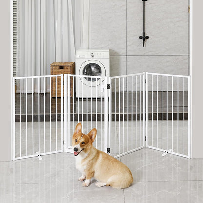 Metal Freestanding Dog Gates with Door for Outdoor Indoor,80'' Extra Wide 32'' Tall Free Standing Dog Gate for Doorways,Large Openings,Deck,Yard,Foldable Safety Pet Fence(Black,4 Panels)