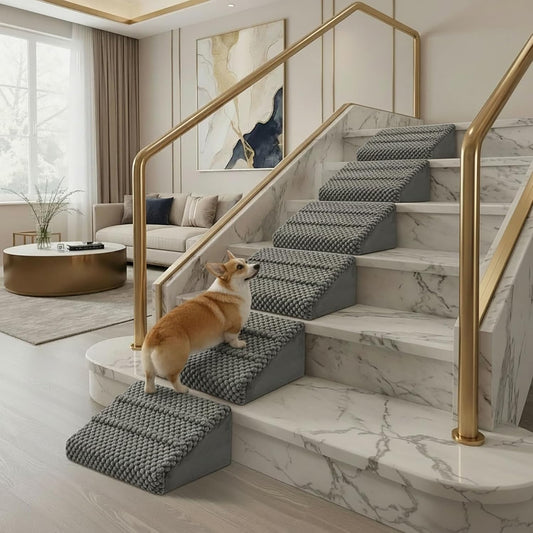 Dog Ramp for Stairs - Dog Steps-Anti-Slip Foam Stair Wedges for Small & Senior Dogs,Gentle Slope Pet Steps with Washable Corduroy Cover, Self-Sticky Pads for Safe Climbing (Gray,2-Pack)
