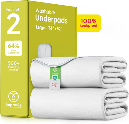 IMPROVIA® Washable Underpads, 34" x 36" (Pack of 4) - Heavy Absorbency Reusable Bedwetting Incontinence Pads for Kids, Adults, Elderly, and Pets - Waterproof Protective Pad for Bed, Couch, Sofa, Floor