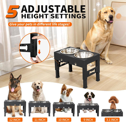 Elevated Dog Bowls with 2 Stainless Steel Bowls, 5-Height Adjustable Stand (3.1", 9" to 12"), for Improved Digestion & Neck Support, Easy Clean, Non-Slip Base Raised Feeder for Medium Large Dogs