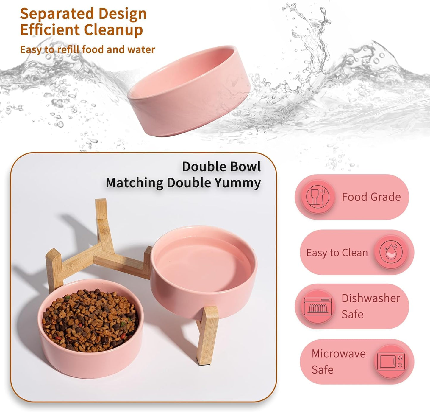 Elevated Ceramic Dog Bowl Set - Raised Dog Bowls with Non-Slip Bamboo Stand - Dog Food and Water Bowl Set - Double Dog Feeding Bowls - Suitable for Small and Medium Dogs - 28.74 OZ - 3.6 CUPS - 850 ML