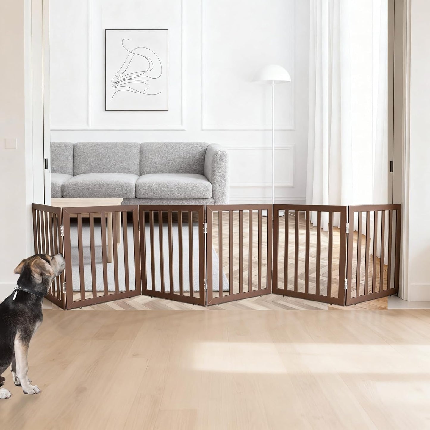 ZJSF Freestanding Indoor Dog Gate for House Foldable Wood Brown Puppy Gate for Doorways Pet Gate for Stairs Extra Wide Pet Fence 24" Height 2 Panels