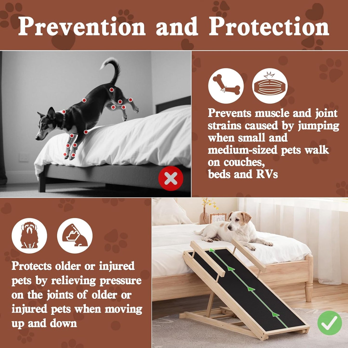 Dog Ramp for High Bed, Couch, Car, Pet Ramps 55.12" Long Adjustable 19.3"-27.17" Wooden Dog Step with Anti-slip Rubber Mat & Safety Side Rails for Small Medium Large Older Pets, up to 250 lbs
