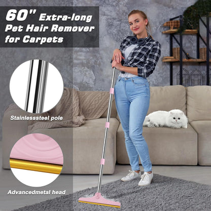 B-Land Carpet Rake for Pet Hair Removal, Reusable Pet Hair Remover with 60” Adjustable Long Handle, Carpet Scraper Broom Dog Cat Hair Remover Tool Fur Sweeper for Rugs, Mats
