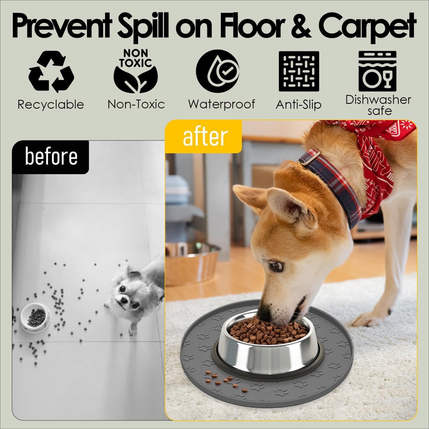 Pet Feeding Mats for Food and Water, Waterproof Anti-Slip Placemats for Dog Cat Bowl, 1 Pack Silicone Pet Food Mat, Dishwasher Safe 10.9 × 10.9 (1 Pack, Black)
