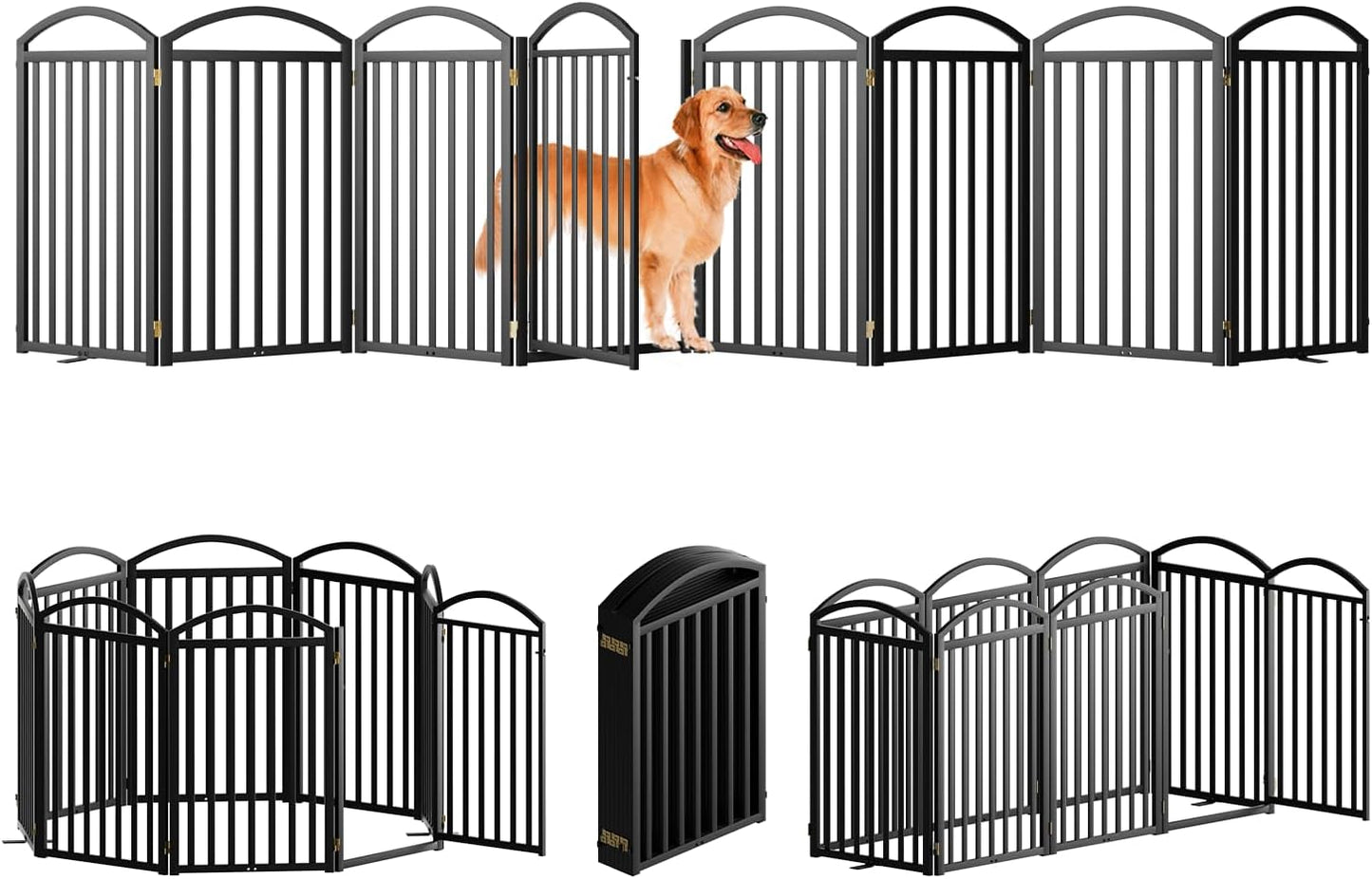 SNUOWU 4 Panels Full Matel Freestanding Dog Gates with Door, 96"Extra Wide 32"Tall Free Standing Dog Pet Gate for Indoor & Outdoor. Foldable Pet Fences for Doorways, House, Stairs, Porch, Deck, Yard