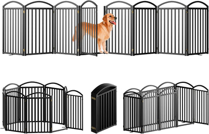 SNUOWU 4 Panels Full Matel Freestanding Dog Gates with Door, 96"Extra Wide 32"Tall Free Standing Dog Pet Gate for Indoor & Outdoor. Foldable Pet Fences for Doorways, House, Stairs, Porch, Deck, Yard