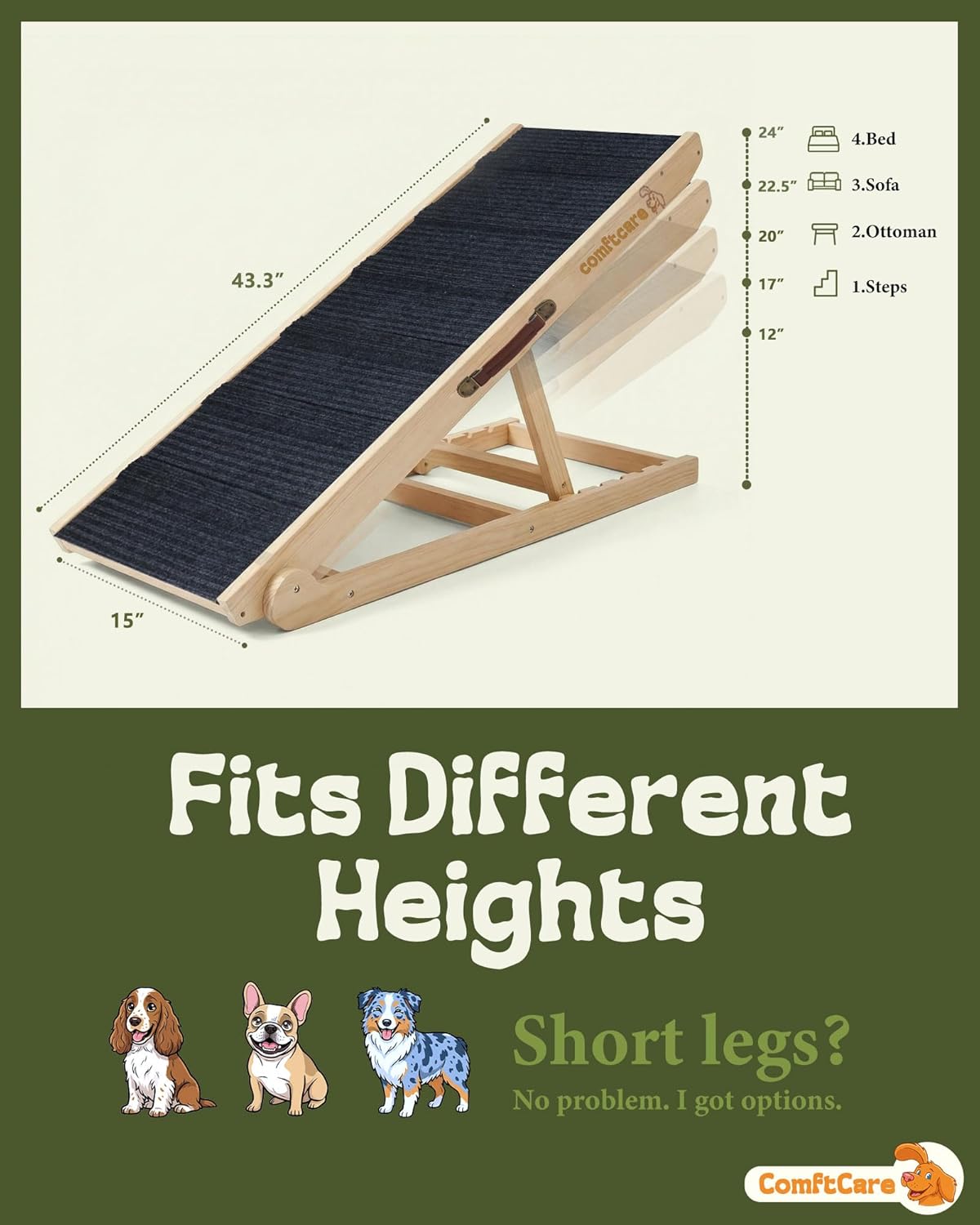 Adjustable Dog Ramp for Small Dogs, Foldable Pet Ramp for Bed & Couch, Non-Slip Indoor Ramp, Portable, Joint-Friendly Design, Supports up to 35 lbs
