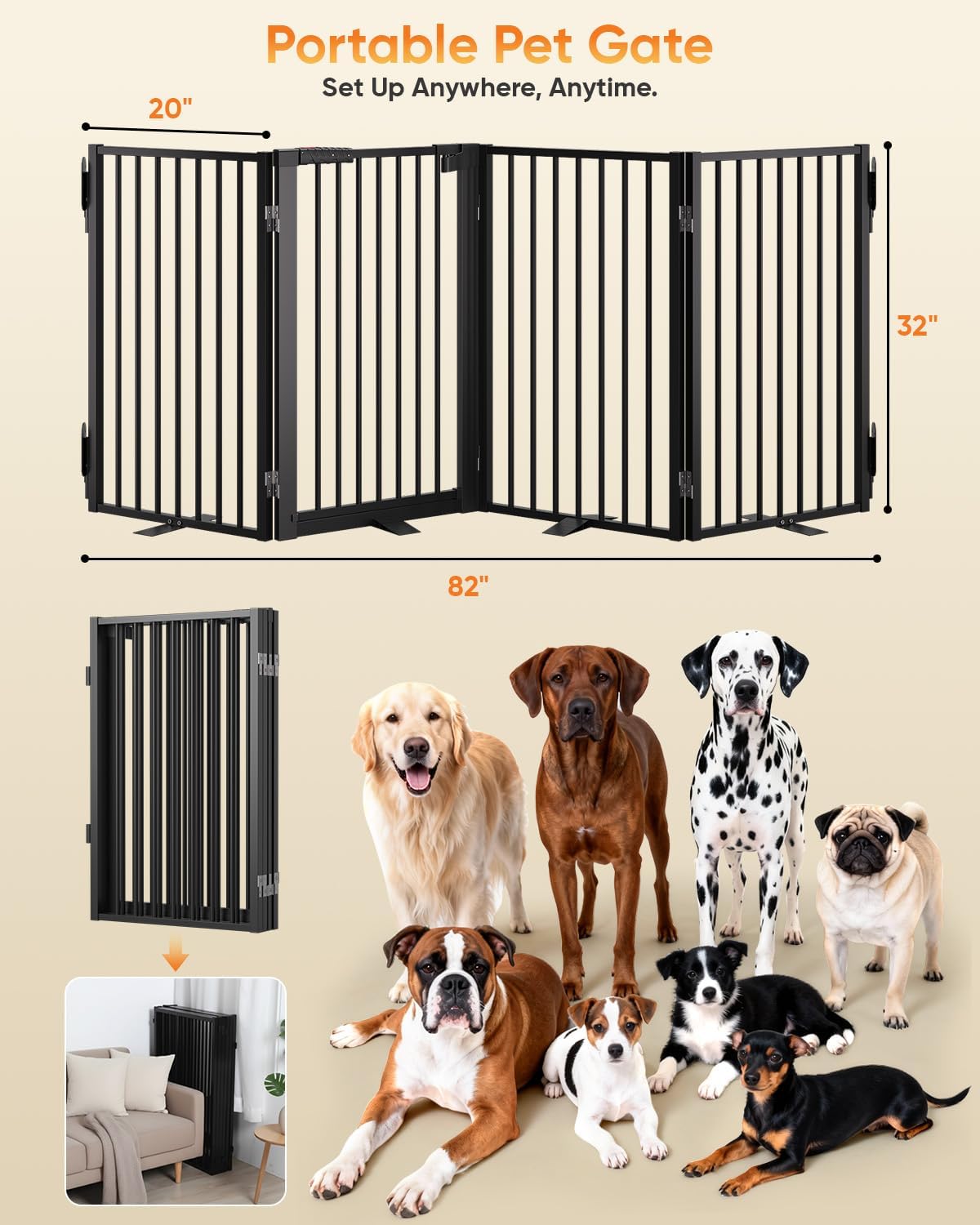 Full Metal Free Standing Dog Gate with Door for Indoor & Outdoor,80'' Extra Wide 32'' Tall Dog Gate for The Doorways,Large Openings,Decks,Porch,Pet Freestanding Safety Fence(4 Panels,Black)