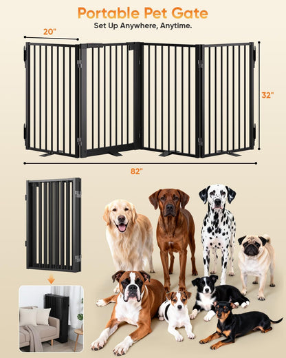 Full Metal Free Standing Dog Gate with Door for Indoor & Outdoor,80'' Extra Wide 32'' Tall Dog Gate for The Doorways,Large Openings,Decks,Porch,Pet Freestanding Safety Fence(4 Panels,Black)