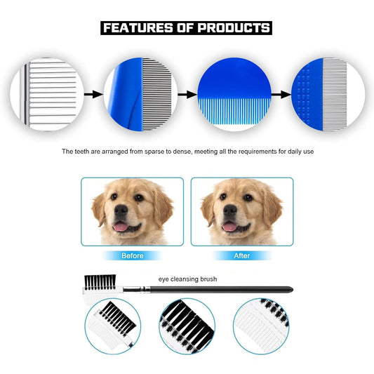 6-Piece Pet Grooming Kit, Stainless Steel Dog & Cat Combs for Flea Removal, Dematting, Shedding & Tear Stain Care, Gentle Detangling Brush for Long/Short Hair Pets kkmilamila