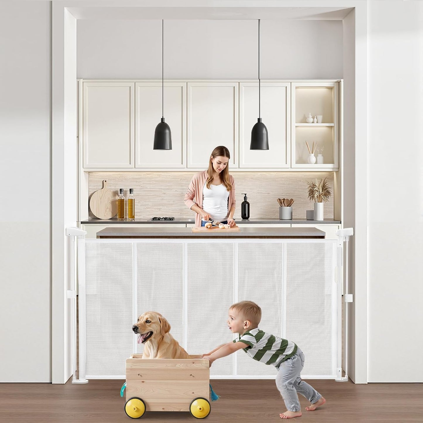 VEVOR Retractable Baby Gate, 34 inch Tall, Extends up to 110 inch Wide, Retractable Gate for Kids or Pets, Mesh Material, Easy to Install for Indoor Stairs, Doorways, Hallways, Playrooms, Gray