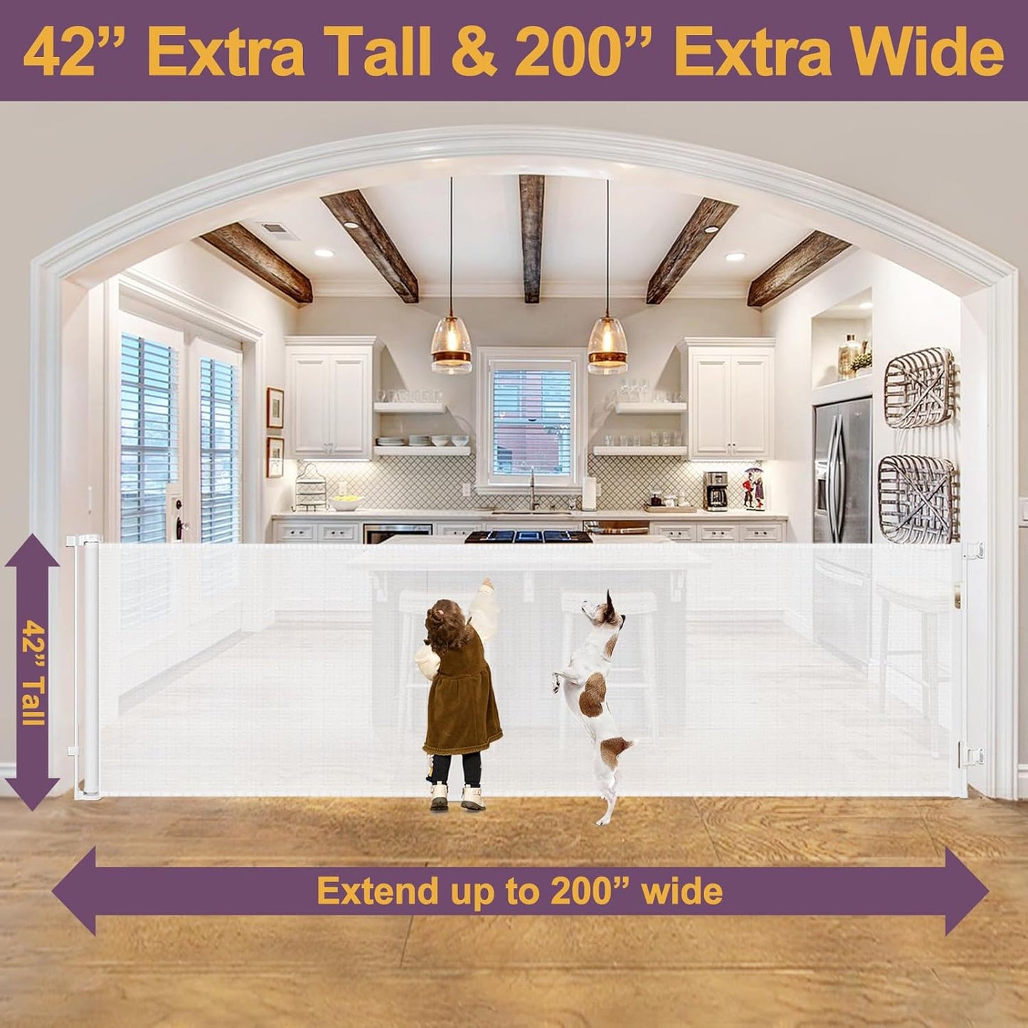 42" Tall X 80" Wide Retractable Dog Gates for Large Openings Extra Tall Retractable Baby Gates for Doorways Extra Tall Pet Gate Indoor Outdoor Long Baby Gate Large Mesh Dog Gate (Gray)