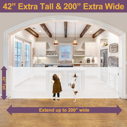 42" Tall X 80" Wide Retractable Dog Gates for Large Openings Extra Tall Retractable Baby Gates for Doorways Extra Tall Pet Gate Indoor Outdoor Long Baby Gate Large Mesh Dog Gate (Gray)