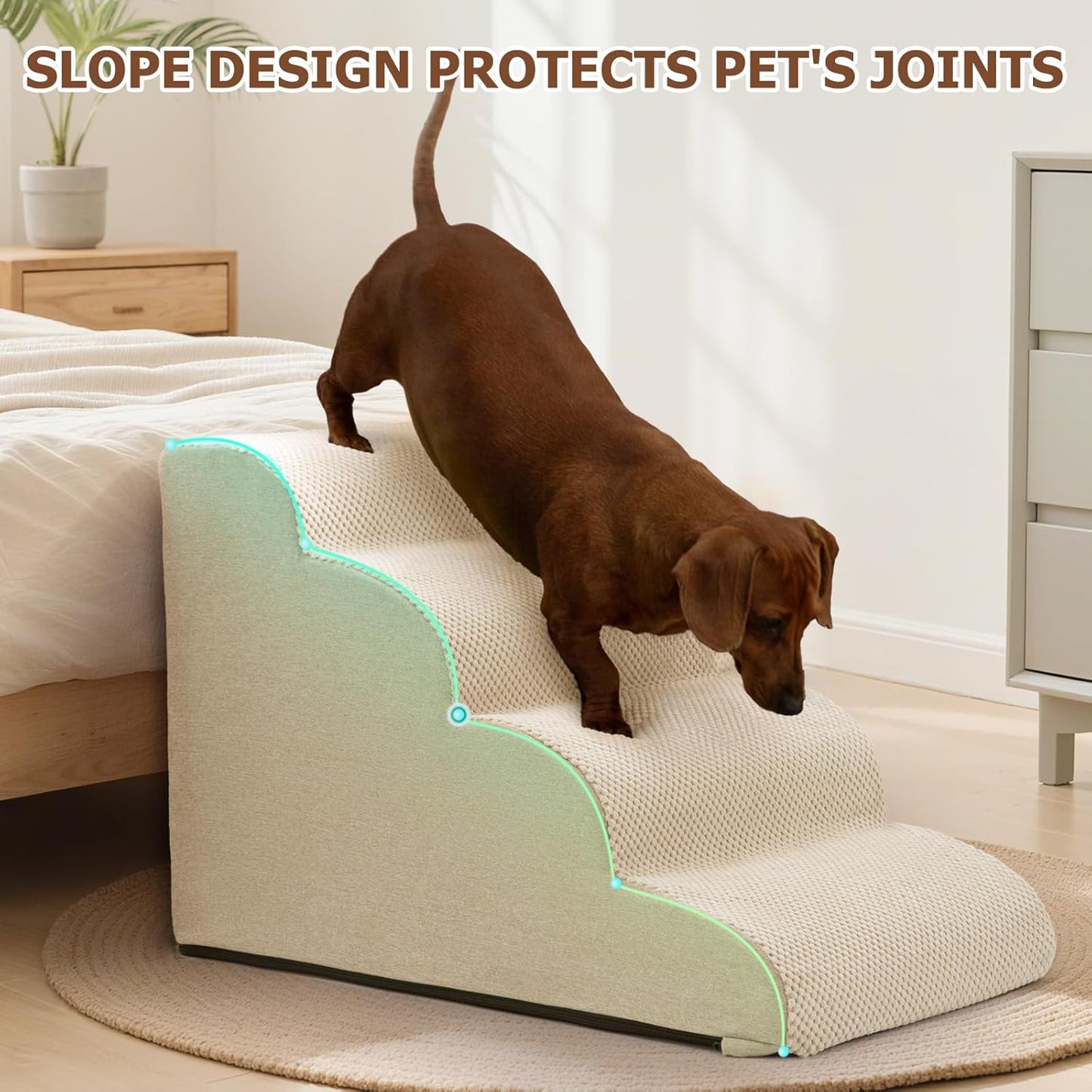 Aodisman Dog Ramp and Stairs for Small Dogs & Cats,3-Step Pet Stairs for Couch Sofa and Chair,Indoor Anti-Slip Dog Stairs for Old Cats and Puppy,Beige