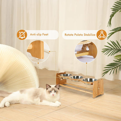 X-ZONE PET Elevated Dog Bowls for Cats and Dogs, Adjustable Bamboo Raised Dog Bowls for Small Dog, Food and Water Set Stand Feeder with 2 Stainless Steel Bowls and Anti Slip Feet (Height 4" to 4.5")