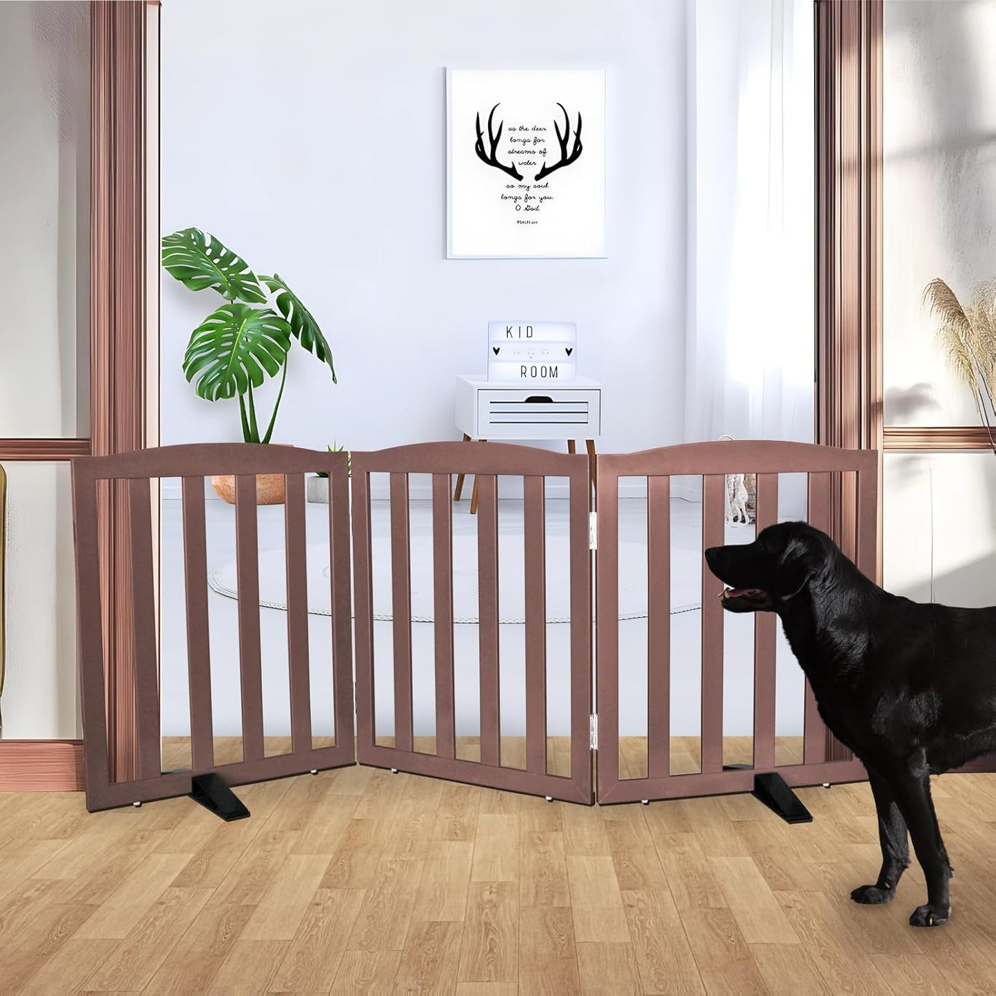 Freestanding Dog Gate Indoor,Doggie Gate Foldable Pet Gates for Doorways,Stairs or Hallways, Wooden Brown Pet Gate for the House, Pet Fence with Support Feet Included,24 "Height-3 Panels