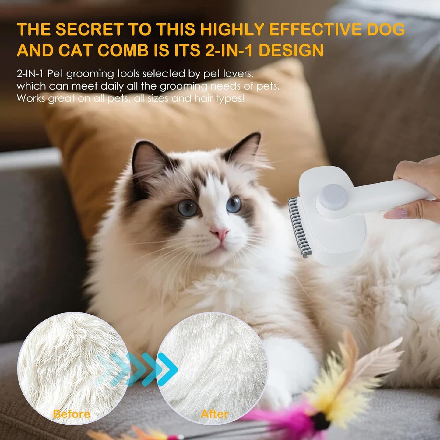 2-IN-1 Pet Self-Deshedding and Grooming Brush, Dogs and Cats Brush with Undercoat Rake & Adjustable Bristle Length Comb, One-Click Hair Removal for Matted Fur Tangles Removal Long and Short Hair Pets