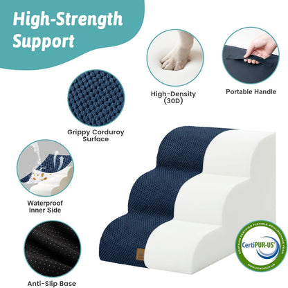 COZY KISS Dog Stairs for Small Dogs 15.7" H, Curved Dog Step for Puppy, Older Cat, Medium Pet Ramp for Sofa, Couch or Chair, Ladder with High Density Foam, 3 Step, 15.7x22.4x15.7 inch, Beige