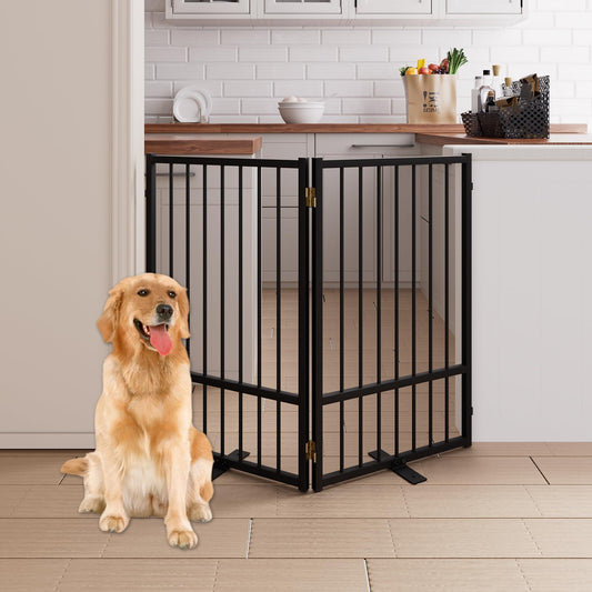 4 Panels Full Metal Freestanding Dog Gates with Door, 80” W x 32” H Folding Pet Gate Fence with Support Feet for Indoor,Stairs, Hallways and Doorways(Black)