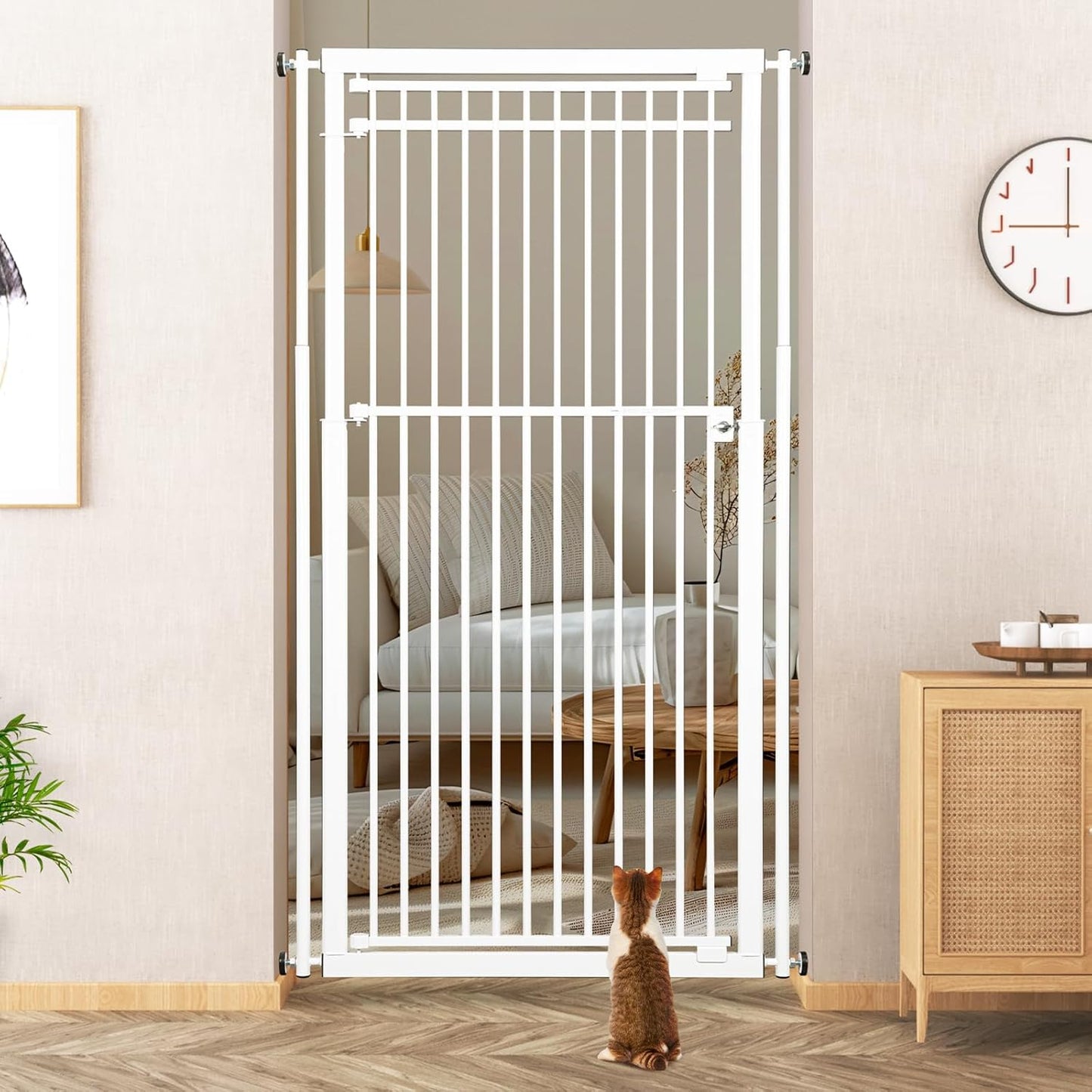 78.8" Extra Tall Cat Gate, 28.3-33" Wide Safety Metal Cat Door, Pressure Mounted Easy Walk Through Pet Gate with Door for Stairs, Doorways, Black