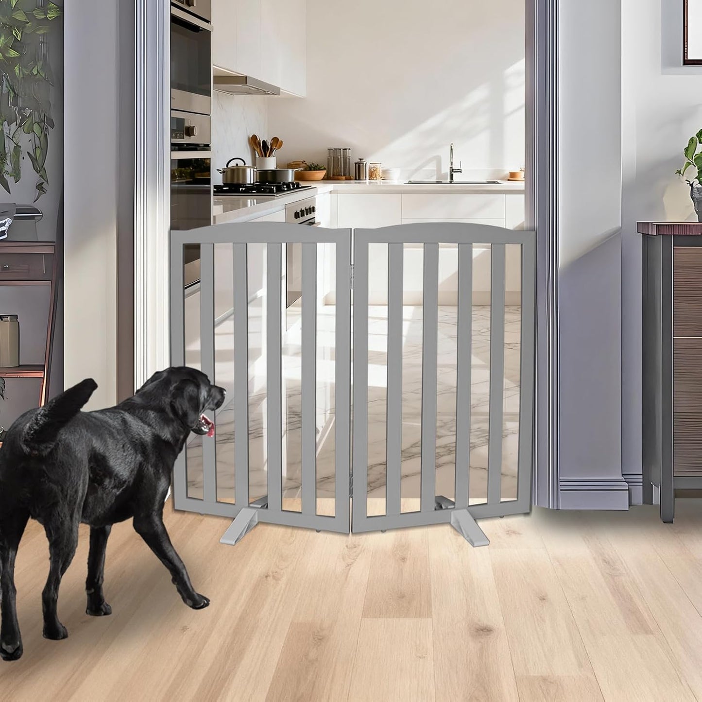 Freestanding Dog Gate Indoor,Doggie Gate Foldable Pet Gates for Doorways,Stairs or Hallways, Wooden Brown Pet Gate for the House, Pet Fence with Support Feet Included,24 "Height-3 Panels