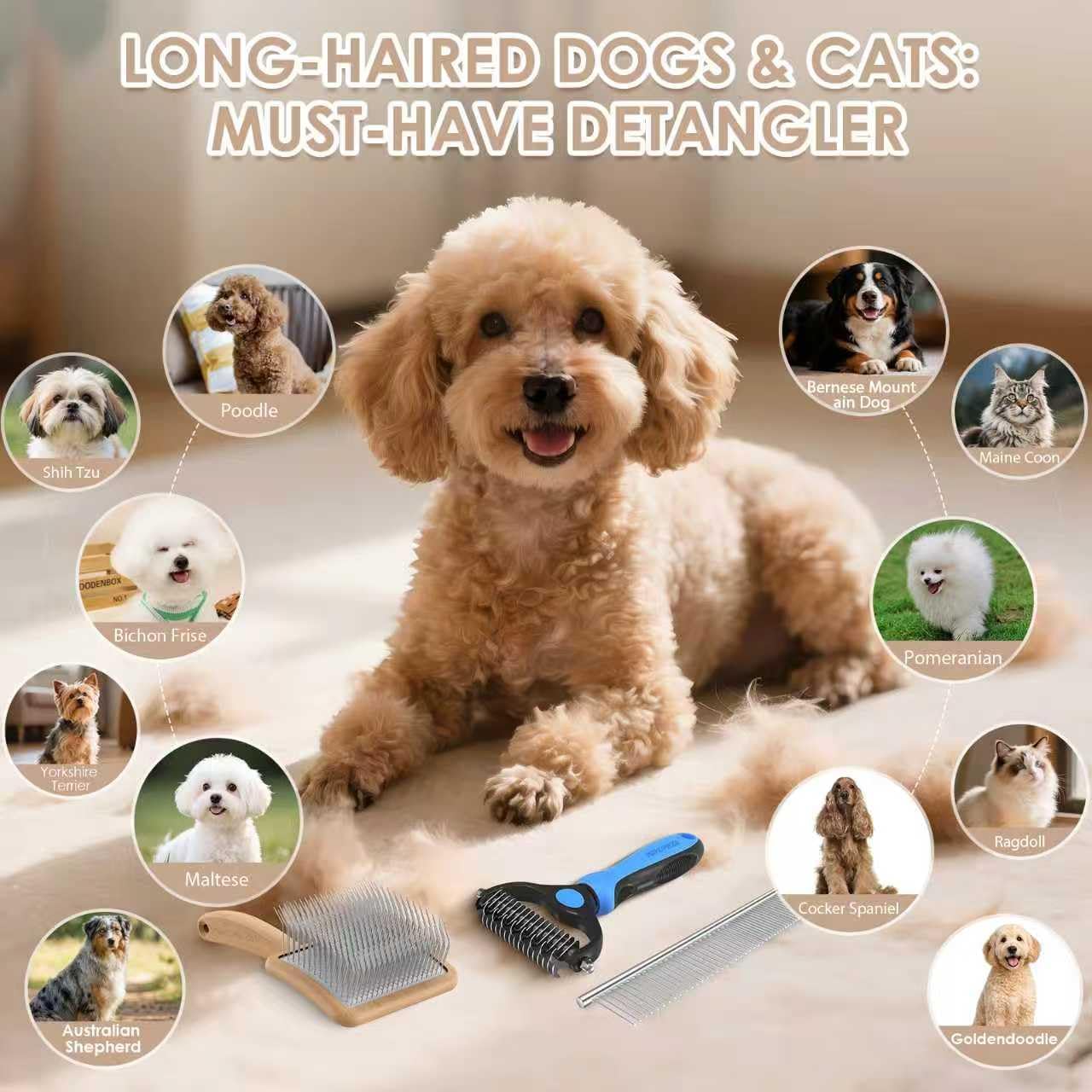 Large Dog Slicker Brush for Goldendoodles, Poodles - 3 in 1 Grooming Kit with Undercoat Rake, Comb - Extra Long Pins for Dematting Great Pyrenees, Thick Coats, Shedding, Detangling, Natural