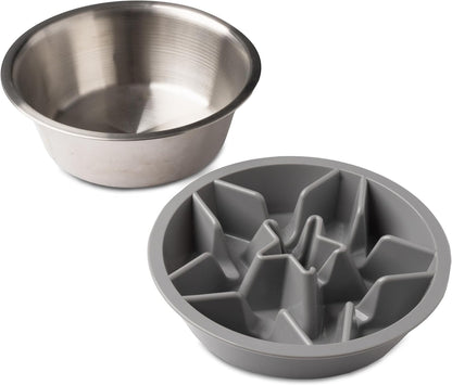 Leash Boss Slow Feeder Dog Bowls (1.5 Cup) Puzzle Dog Food Bowl with Feeder Holes, Fits into Elevated Pet Feeders, Slow Eating for Large, Medium & Small Sized Breeds - Gray