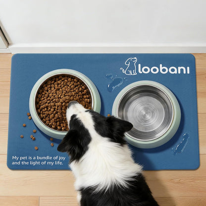 LOOBANI Dog Food Mat for Floors Waterproof 17.3"x17.3"- Absorbent Dog Bowl Mat for Food and Water Bowl, Leakproof Rubber Backing, Dog Feeding Mat for Dog, Cat, Pet (17.3"x17.3", Dark Blue)
