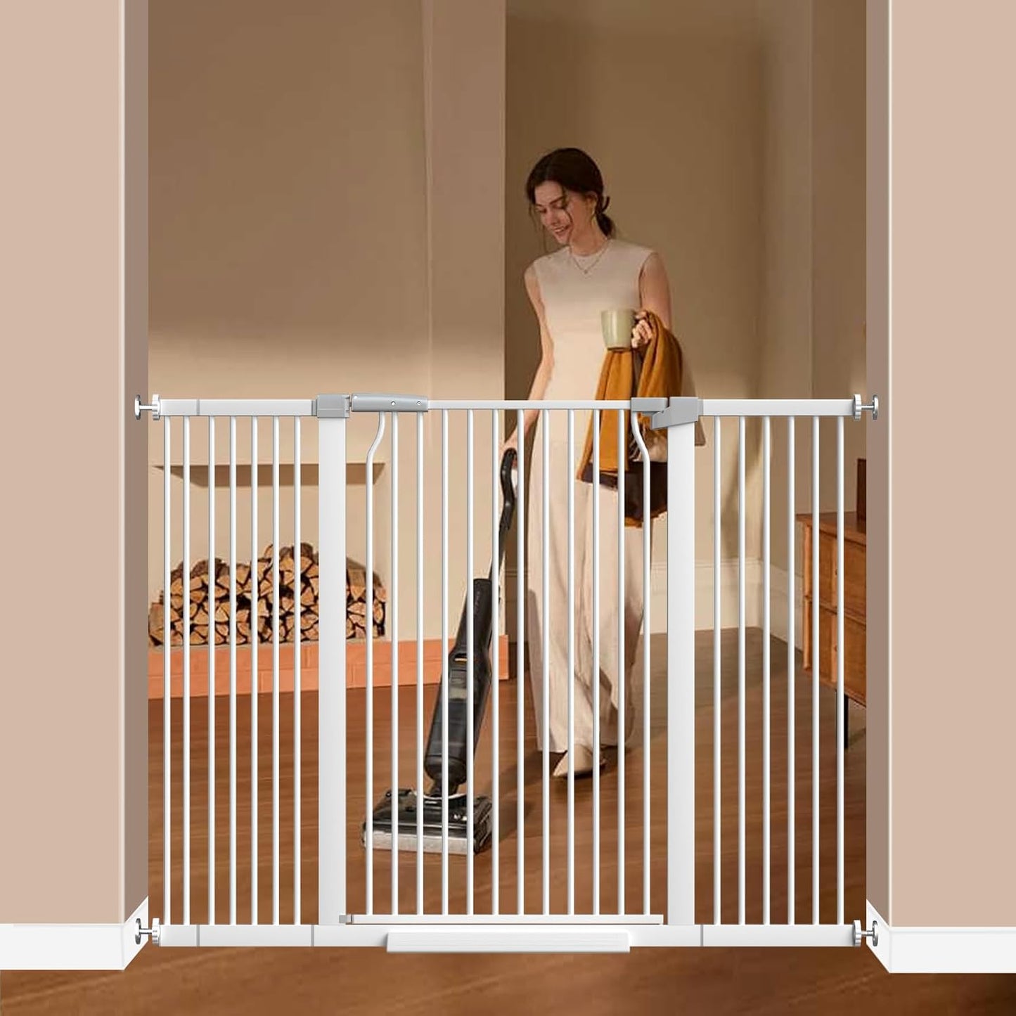 41" Extra Tall Cat Gate for Doorway, 49.2-54.7 Metal Pet Baby Safe Gate, Extra Wide Pressure Mounted Child Door with Expansion Kit, No Drilling No Climb Cat Fence Indoor, Tall Dog Gate, White