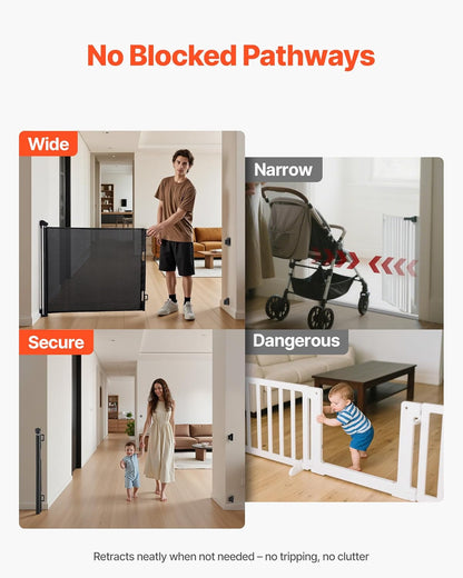 VEVOR Retractable Baby Gate, Extends to 202.7 inch Extra Wide, 39 inch Tall, with Reinforced Fiberglass Strips, Avoids Crawling Through, Mesh Dog Gate for Decks, Doorways, Garages, Indoor, Black