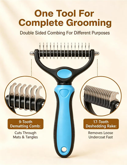 Dual-Sided Pet Grooming Comb for Dogs & Cats – 2-in-1 Dematting Brush & Undercoat Rake for Long, Thick, Curly & Double-Coated Pets (2pcs-Pink)
