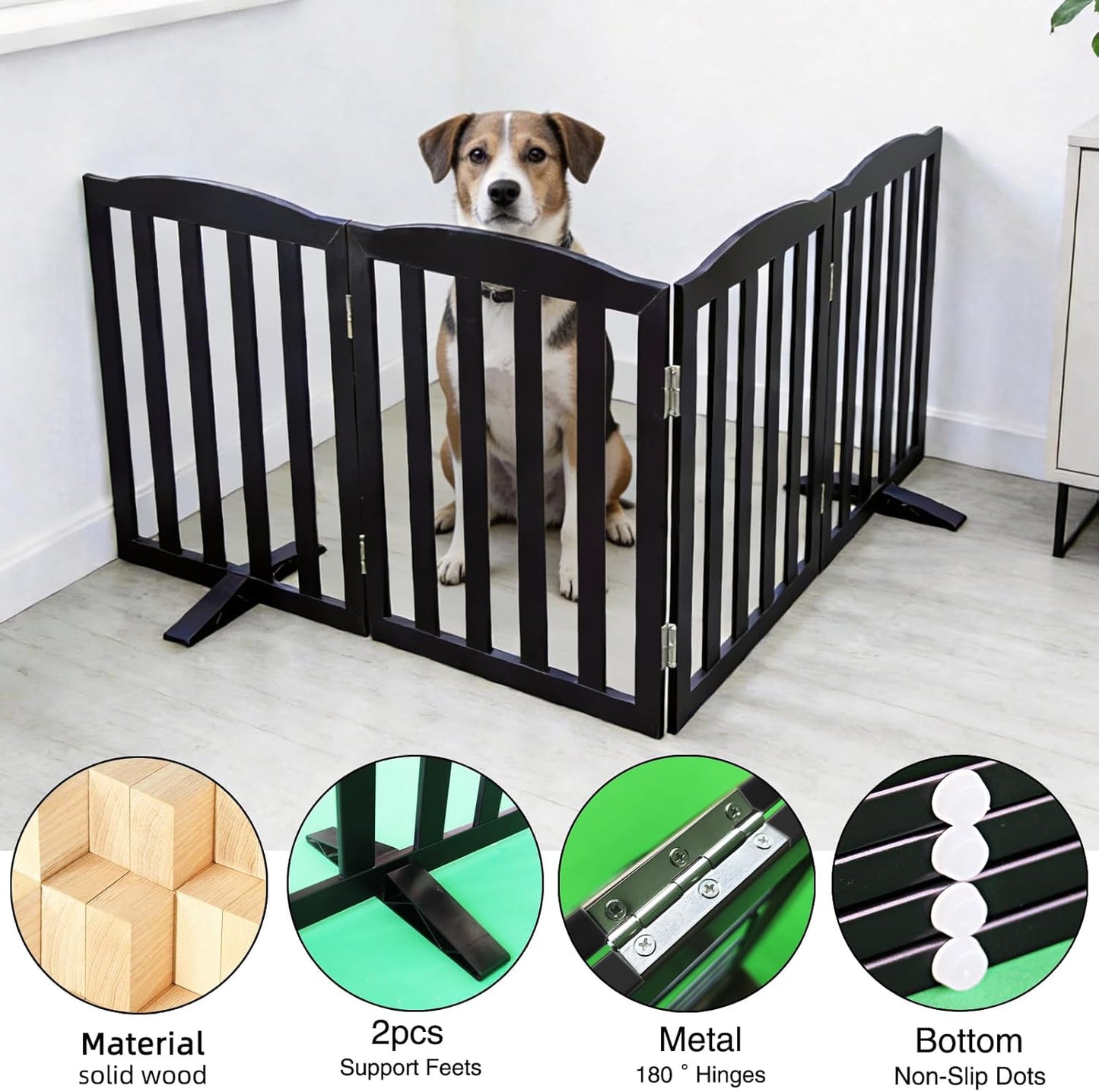 Freestanding Dog Gate Indoor,Doggie Gate Foldable Dog Gates for Doorways,Stairs or Hallways, Wooden White Pet Gate for the House, Pet Fence with Support Feet Included,24 "Height-4 Panels
