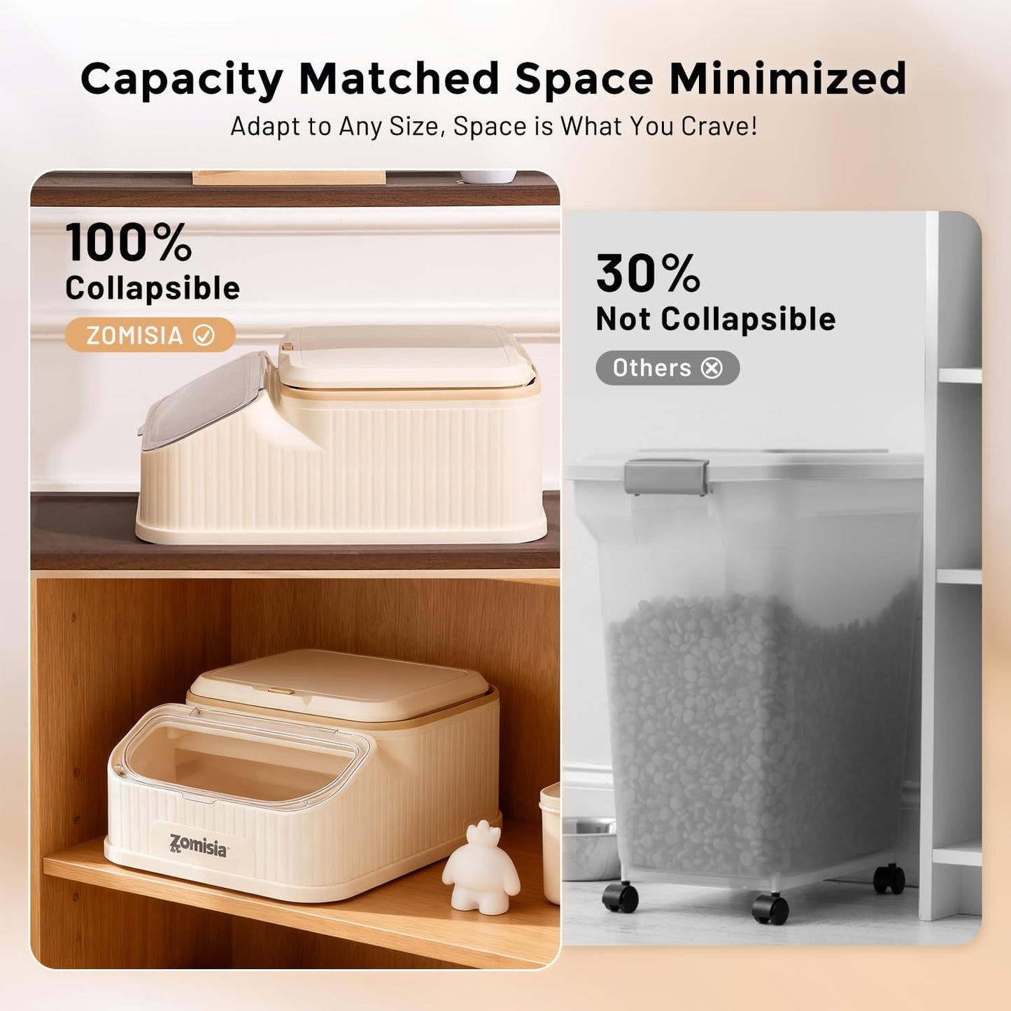 ZOMISIA 30-40lbs Collapsible Dog Food Storage - First-in, First-out Easy Dispense Base for Freshness, Pet Food Storage Containers with Transparent Lid and Scoop
