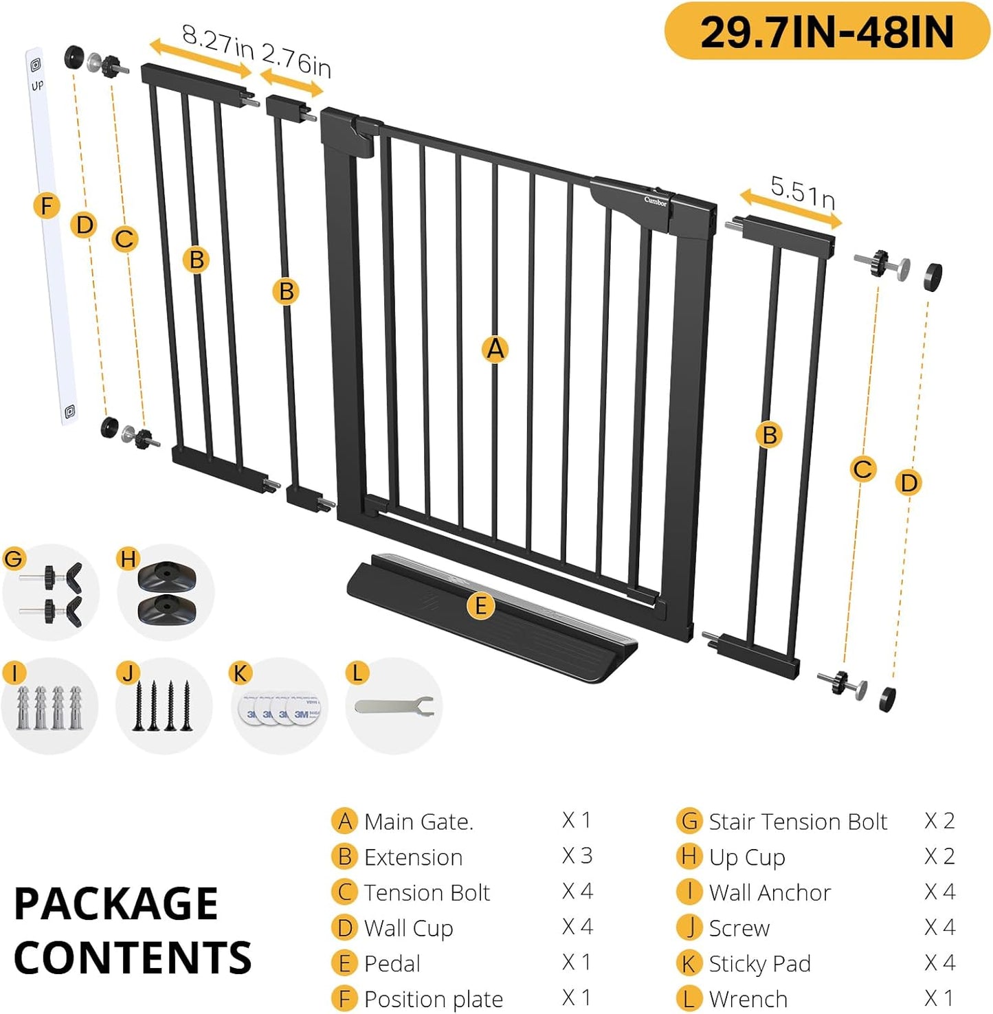 Cumbor 36.6-64" Extra Wide Baby Gate for Stairs, Dog Gates for Doorways, Auto-Close Pet Gate Indoor, Pressure Mounted Walk Through Safety Child Gate for Kids Toddler, Tall Pet Puppy Fence Gate, Brown