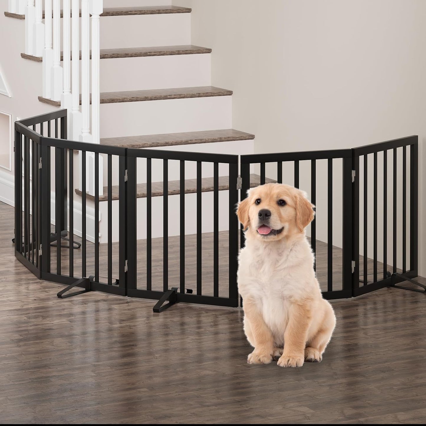 Freestanding Foldable Dog Gate - 4 Panel Room Divider with Metal Support Feet (Black)