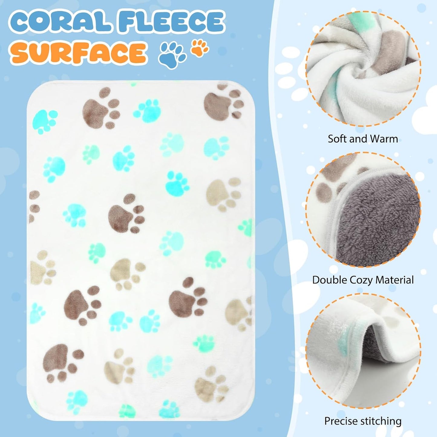 Tegeme 6 Pcs Waterproof Dog Blanket 24 x 16 Inch Paw Print Pet Blanket for Dogs Cats Puppy Washable Soft Fluffy Fleece Rug Flannel Throw Warm Sleep Mat for Kitten Doggy