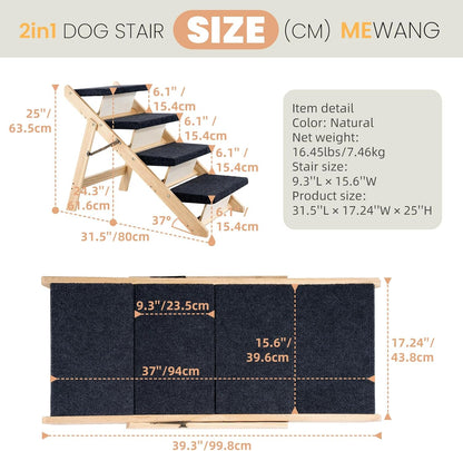 MEWANG Wood Pet Stairs & Ramp for Small/Medium Dogs and Cats, Aging Pets – 2-in-1 Foldable, Portable, Non-Slip Pet Ladder for Tall Beds, Couches,Cars–Holds Up to 220 lbs (17.3" L x 17.2" W x 13.0" H)