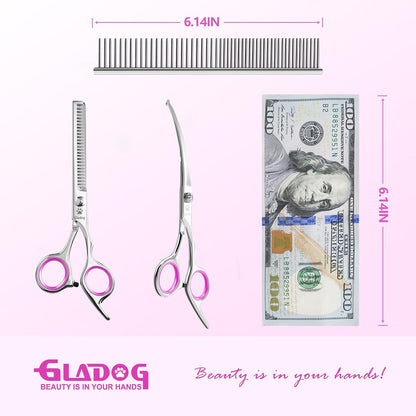 GLADOG Professional 5 in 1 Dog Grooming Scissors Set with Safety Round Tips, Sharp and Heavy-duty Pet Grooming Shears for Cats