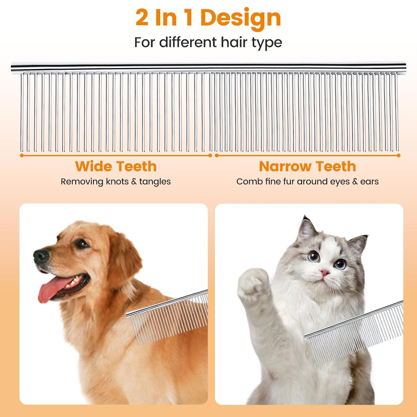 PETTOM Pet Steel Grooming Tool Poodle Finishing Butter Comb 7 1/2-inch L Silver Dog Combs with Rounded Ends Stainless Steel Teeth, Cat Comb for Removing Tangles and Knots