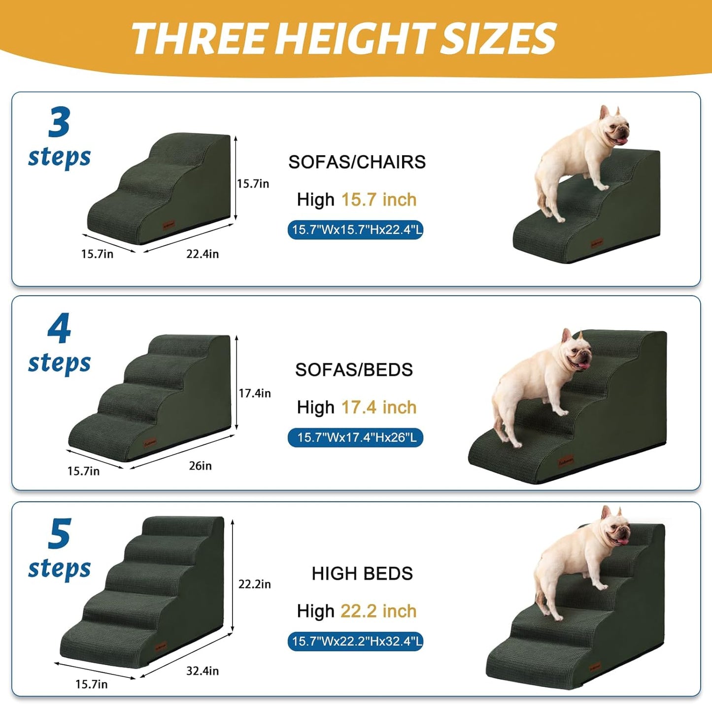Aodisman 3-Step Dog Ramp and Stairs for Sofa and Chair - Non-Slip Sturdy Pet Steps for Small Dogs and Cats,15.7" H,Grey