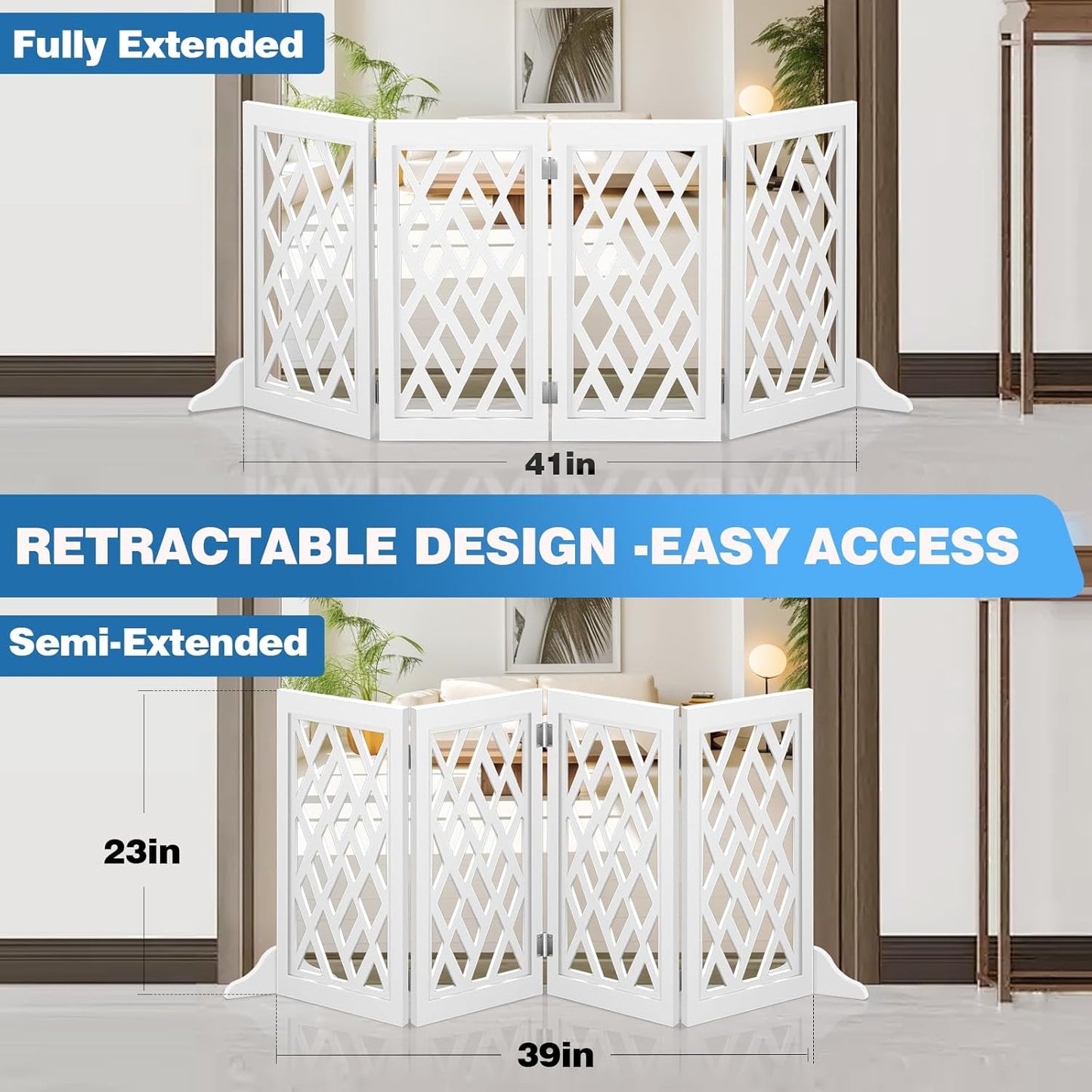Cut-Out Design 16" Short Dog Gate for Small Dogs, Foldable Retractable Puppy Gate Indoor - Freestanding Lightweight Pet Barrier for Doorways, Stairs, Hallways (Extends to 41", White)