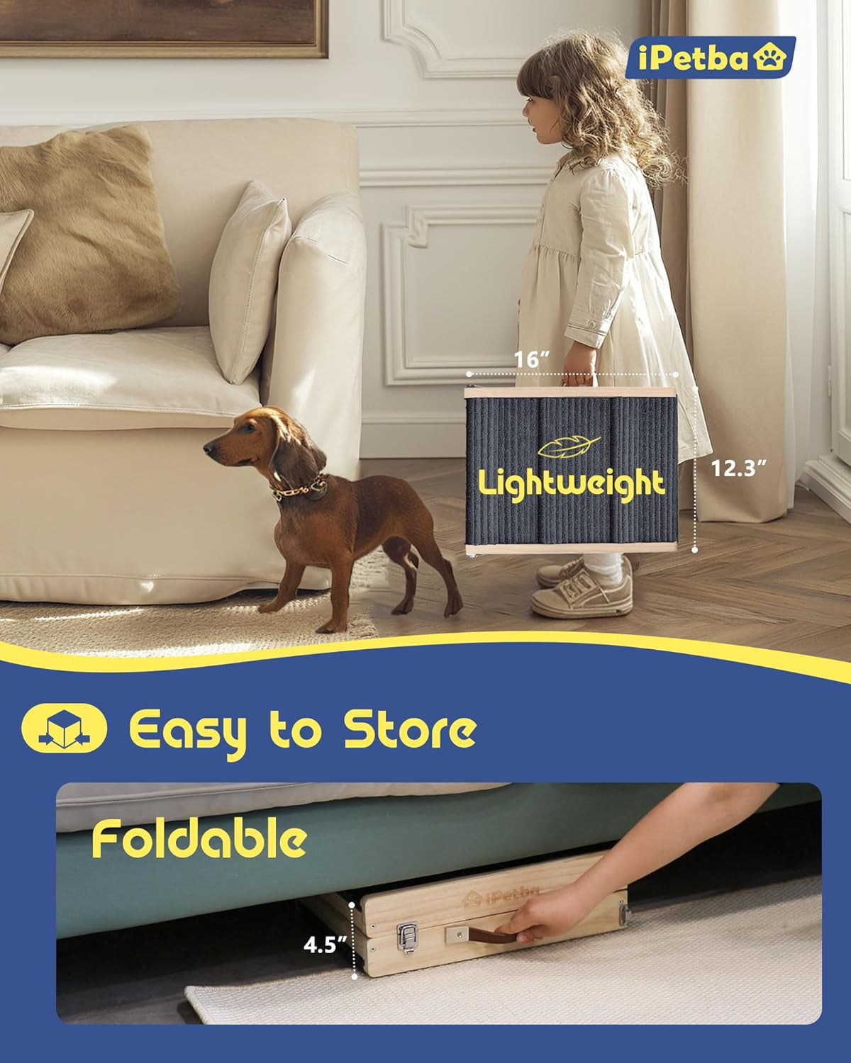 Dog Ramp for Couch - Joint & Spine Support for Small Dogs, 18" Adjustable Height, Anti-Slip & Foldable, Up to 35 lbs