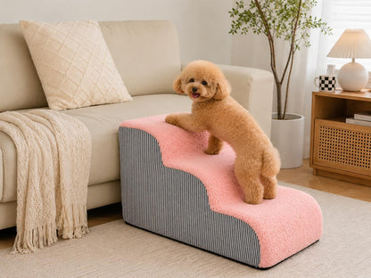 Dog Stairs & Steps, 3-Step Pet Stairs for Small Medium Dogs and Cats, Non-Slip Balanced Pet Ramp Indoor, Durable Non-Slip Fabric Cover and Foam (Pink)