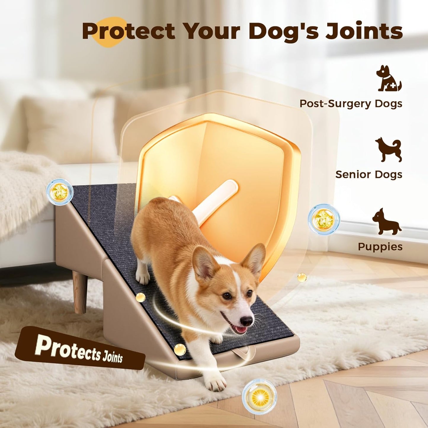 Dog Ramps for Small Dogs, Removable Non-Slip Mat, Foldable Wooden Dog Ramp, Split Ottoman Design for Small Frenchie, Pomeranian, Dachshund, Schnauzer, Chihuahua and so on （Light Brown）