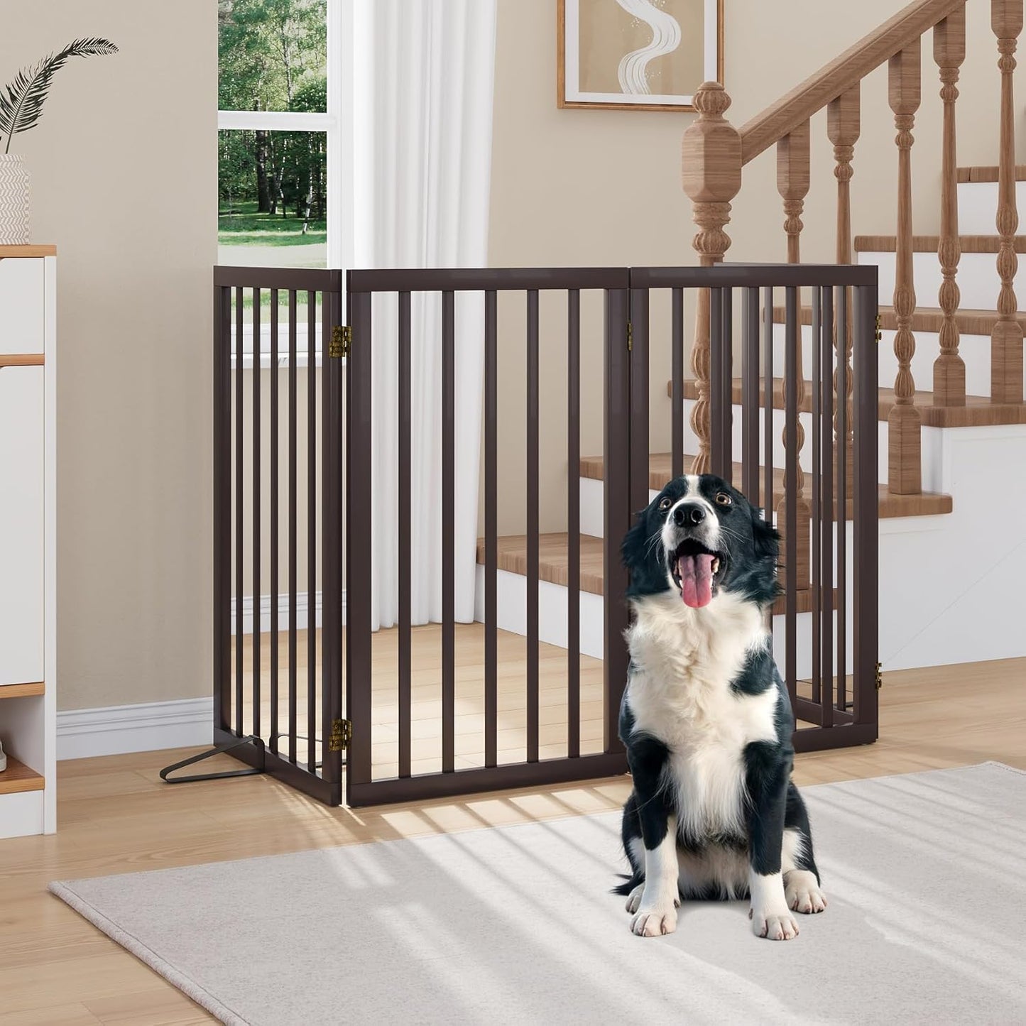 Freestanding Dog Gates Indoor, 3-Panel Pet Gates with 2 Metal Stands and 360° Hinge, 24" H Foldable Dog Gate for Stairs, Doorway, Kitchen, Expands Up to 55" Fully Assembled - Black Walnut
