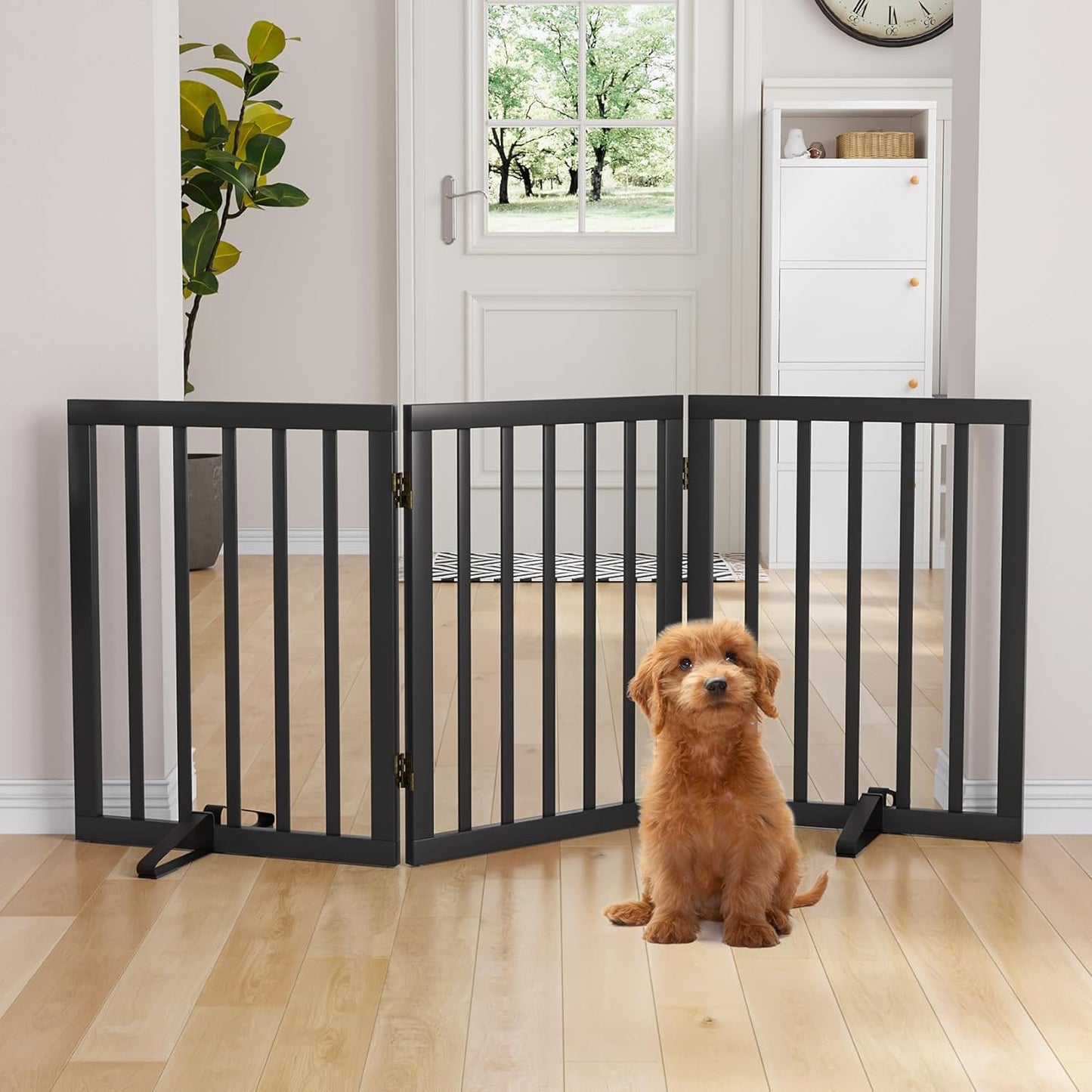 Freestanding Dog Gates Indoor, 3-Panel Pet Gates with 2 Metal Stands and 360° Hinge, 24" H Foldable Dog Gate for Stairs, Doorway, Kitchen, Expands Up to 55" Fully Assembled - Black Walnut