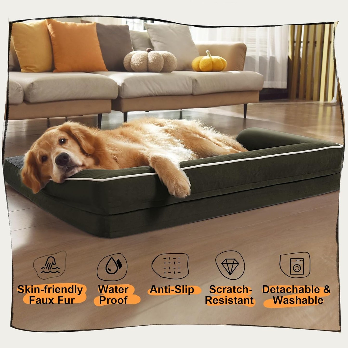 Large Dog Bed Orthopedic Washable - Beds Bolster - Medium XL XLarge Big Dogs - Memory Foam Couch Sofa - Waterproof with Removable Cover